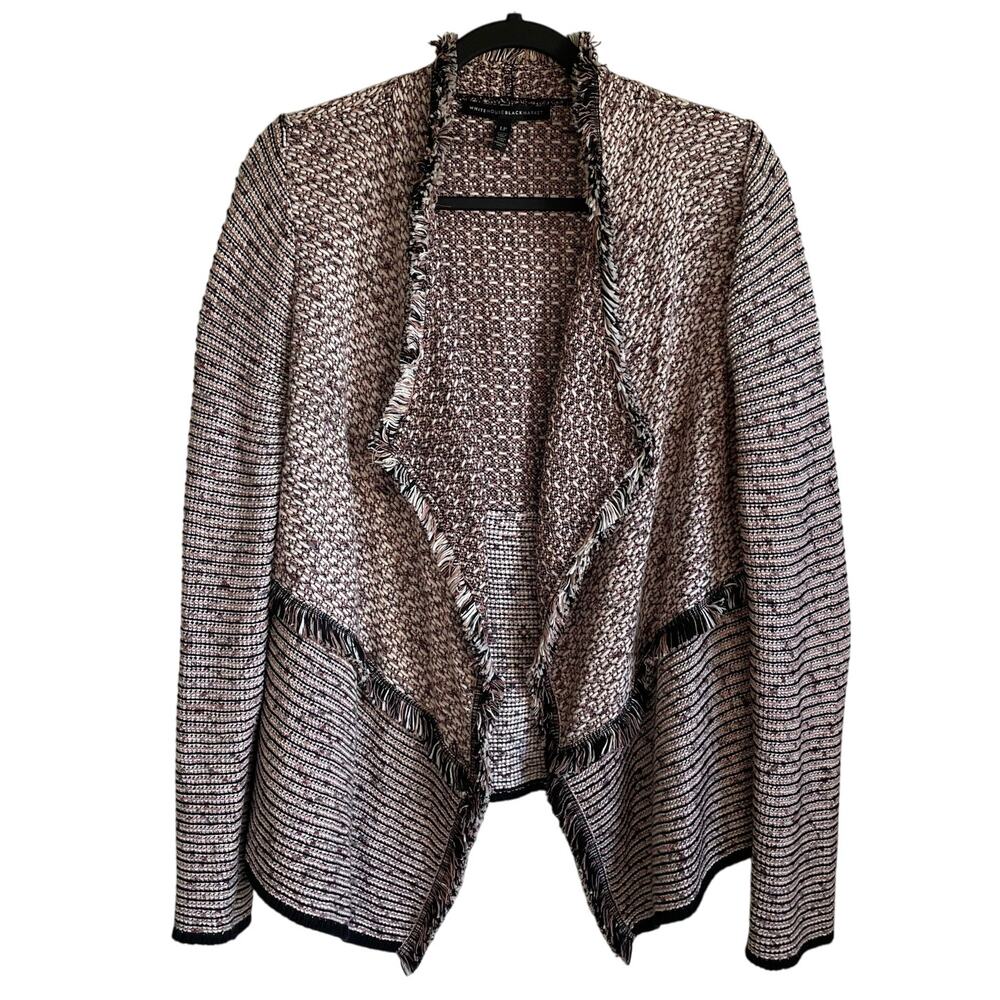 White House Black Market Tweed Cardigan Open Front Fringe Sz LP Shabby Chic